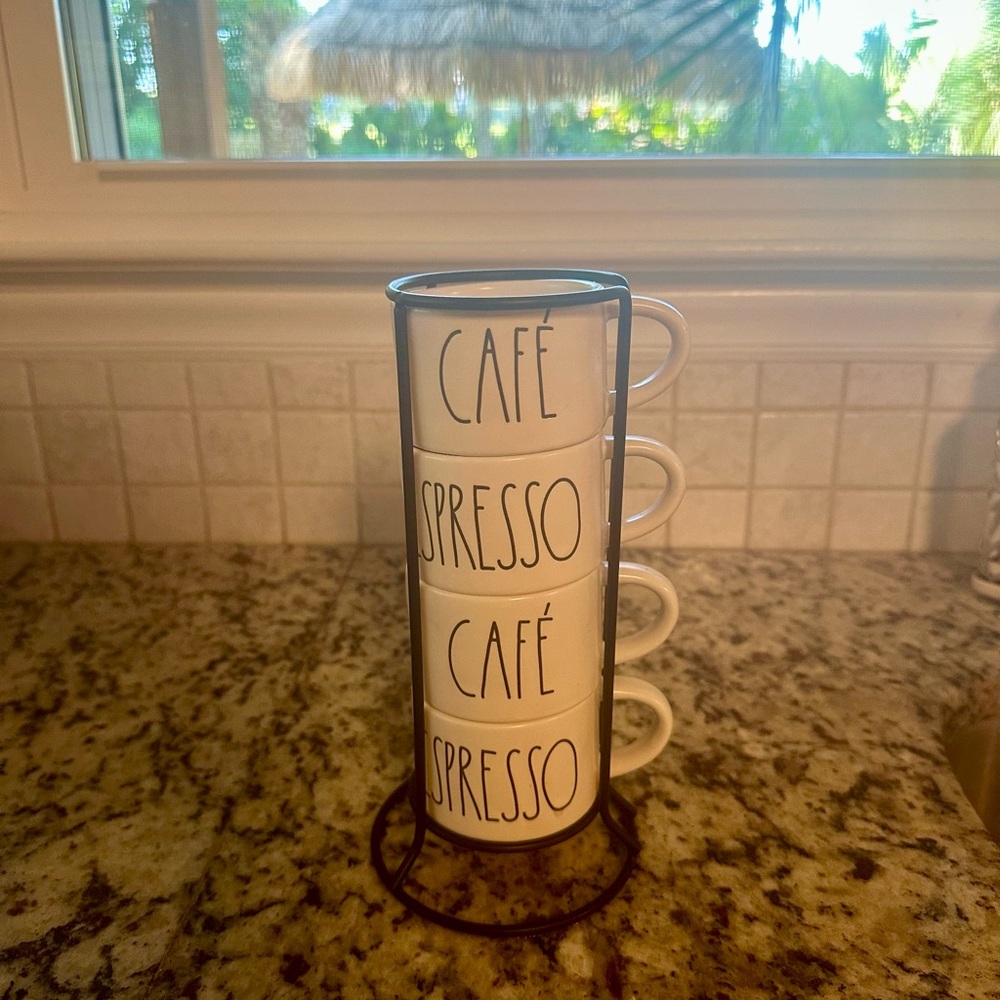 Rae Dunn Black and White Café Espresso Cup Set with Stand